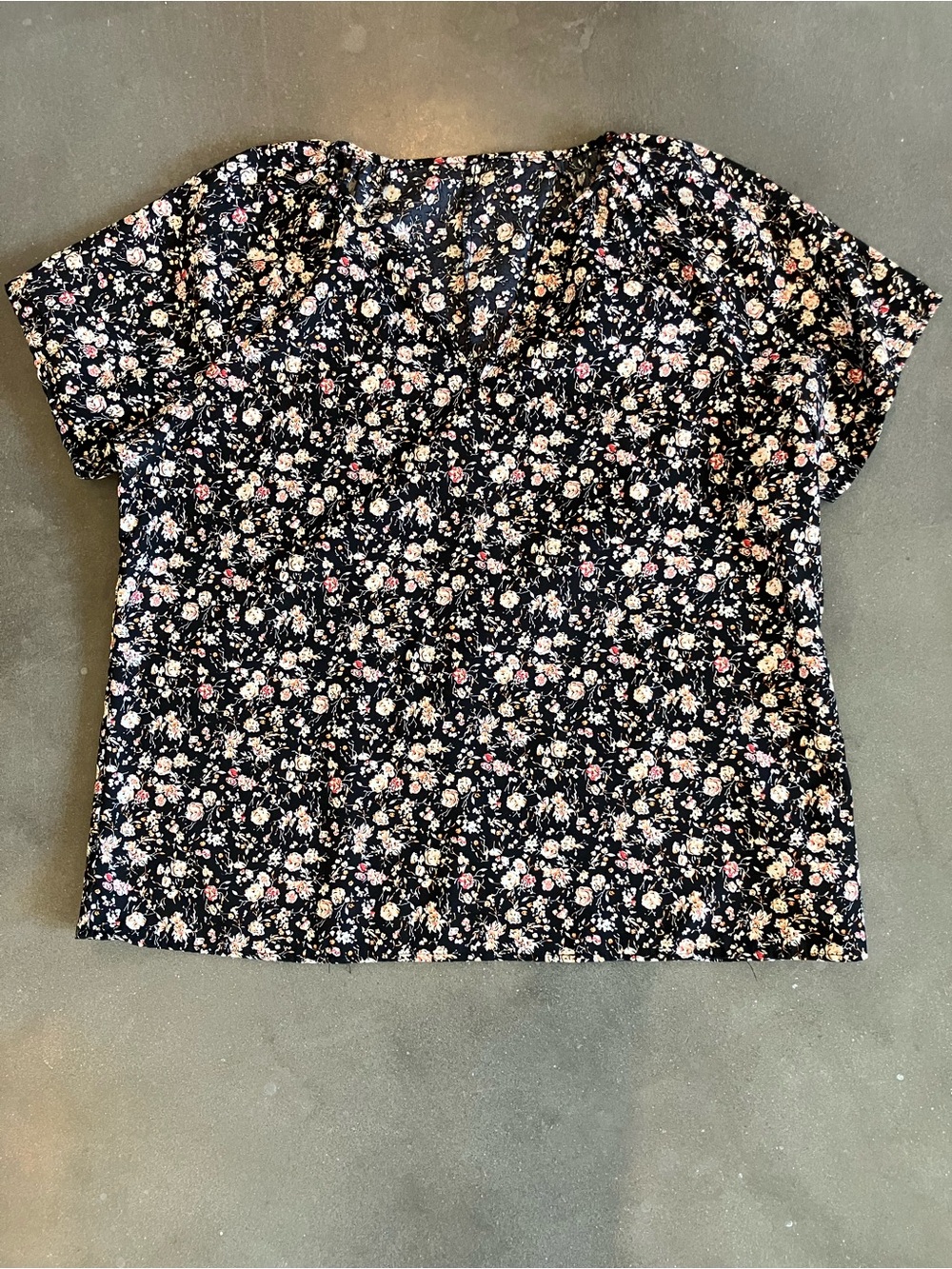 Floral Short-Sleeve Blouse - Black with Pink & Cream Flowers